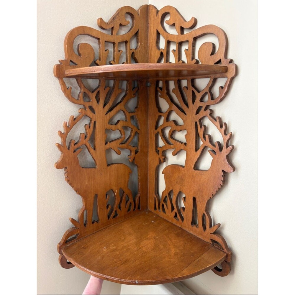 Wood Carved Deer Corner Shelf - Brown Rustic Wall Decor